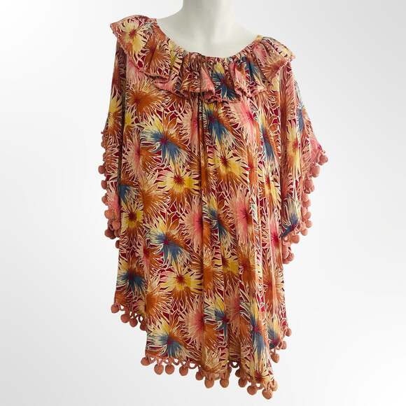 Sony-Costumes Other - Tropical Sunburst Print Ruffle Pom Pom Poncho Cover-Up